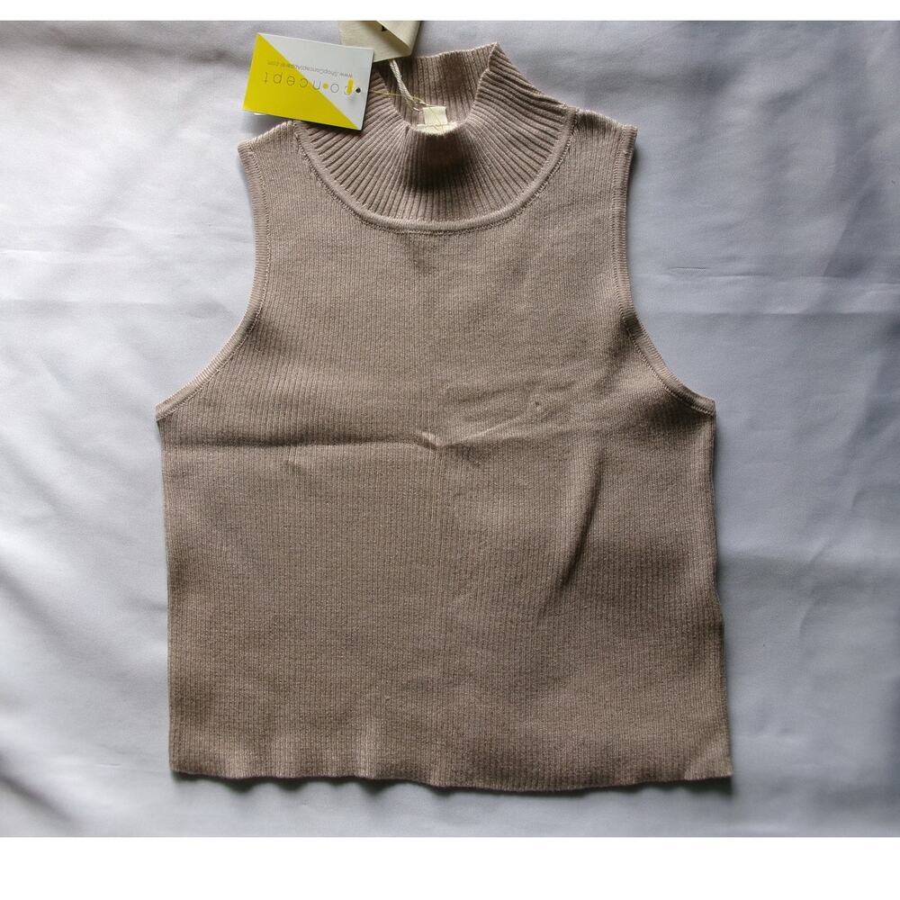IJOAH Women's Mock Neck Sleeveless Ribbed Sweater Top Taupe Size M NWT